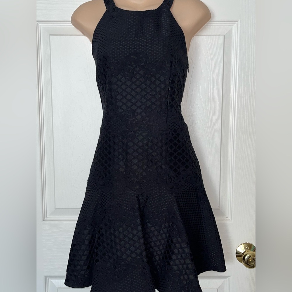 Parker Women’s Black Leona Halter Embroidered Skater Fit Flare Dress Open Back L - Picture 2 of 13